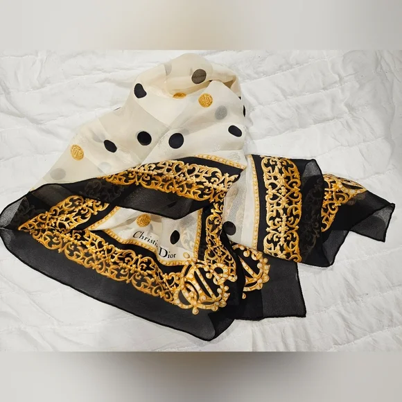 Christian Dior Vintage Emblem Logo Polka dot pattern Scarf - Picture 8 of 9